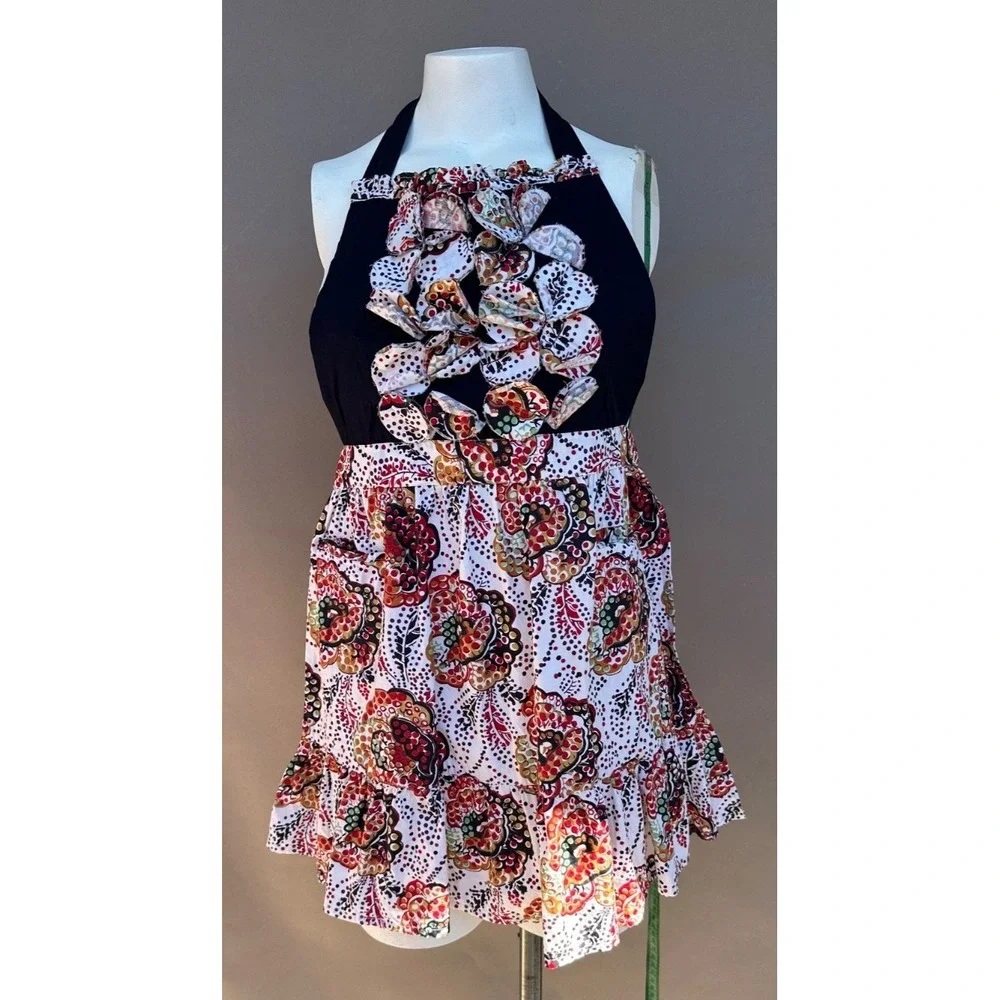Anthropologie Cotton Halter Apron Ruffles Tiered‎ Full Size Pockets Multicolor